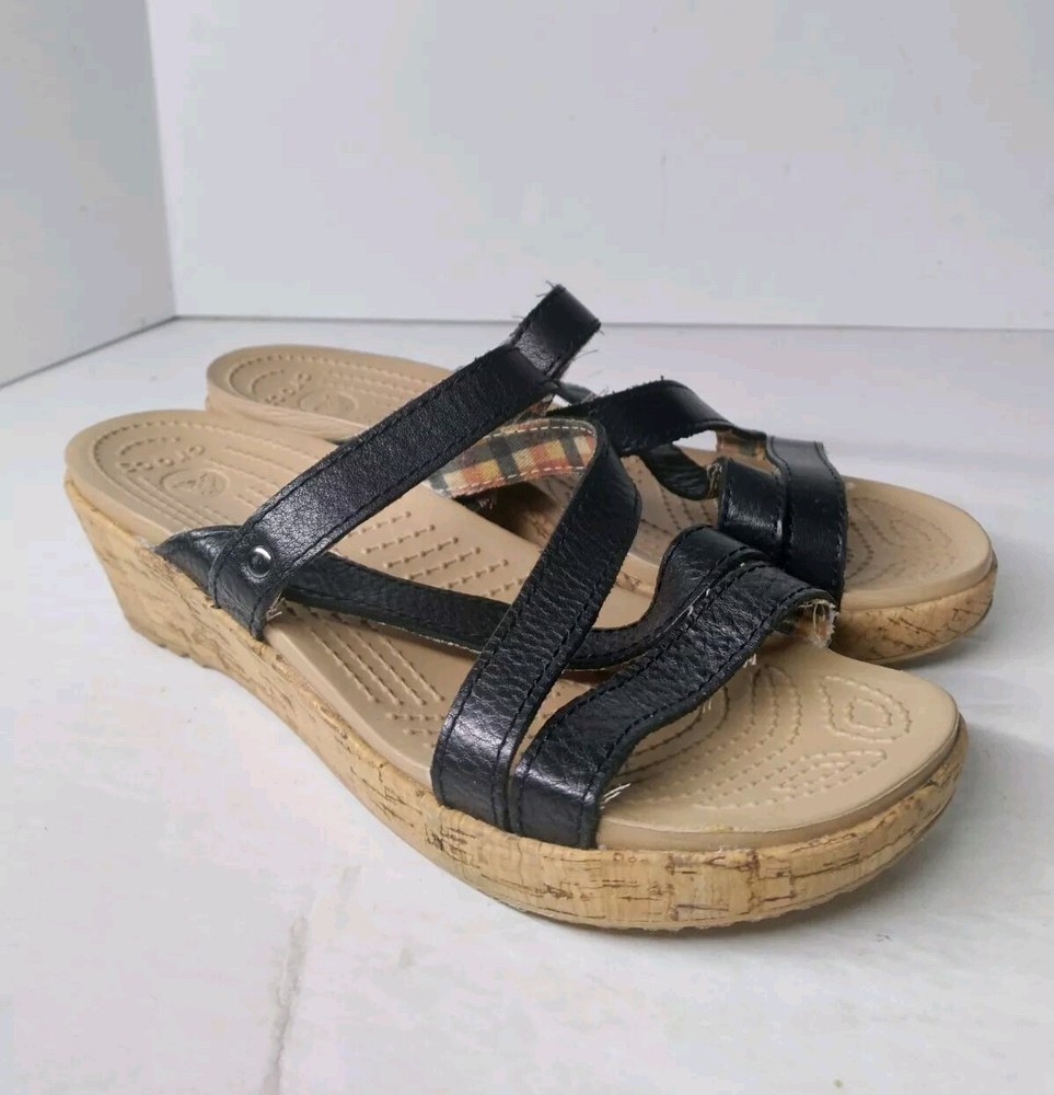Crocs Womens Size 7 Cork Wedge Heel Sandals Black Leather Strappy Shoes Preowned