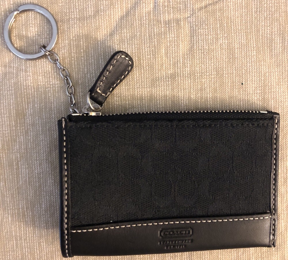 COACH Black Mini Zip Coin Keychain with Logo Canvas and Leather Trim