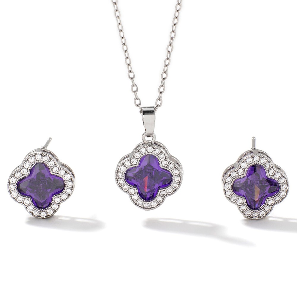 Sparkling CZ Pavé Halo Purple 4-Leaf Clover Earrings and Necklace Set