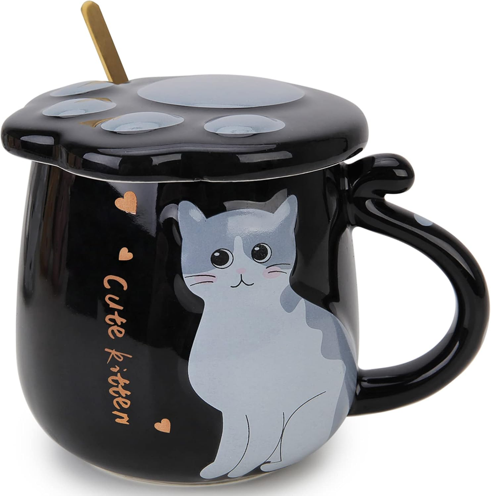 Cute Cat Coffee Mug, Ceramic Tea Milk Cup with Lovely Kitty Lid and Stainless St