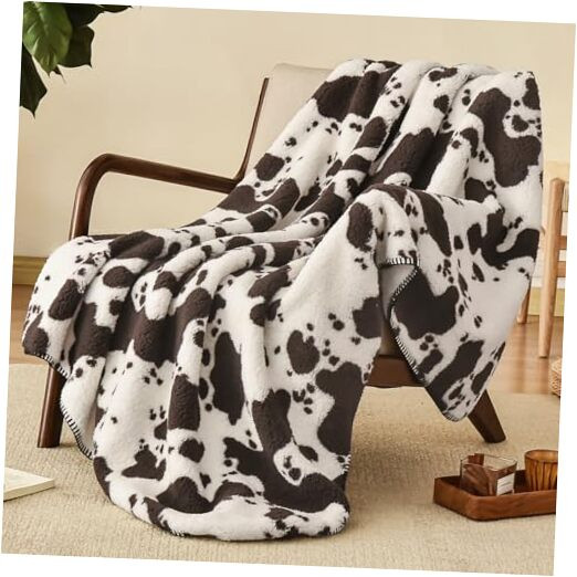 PHF Cute Cow Print Sherpa Throw Blanket for Girls Boys Teens Kids, Reversible