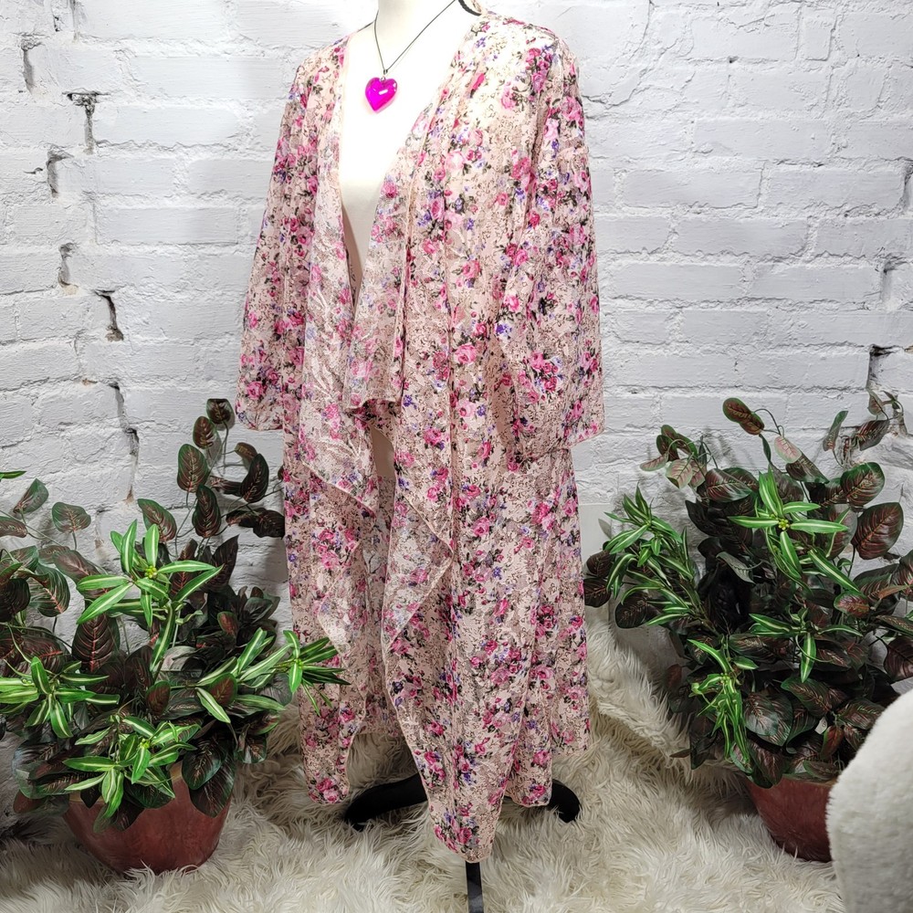 LuLaRoe Duster Women’s Large Pink Crochet Floral Kimono Swim Wrap