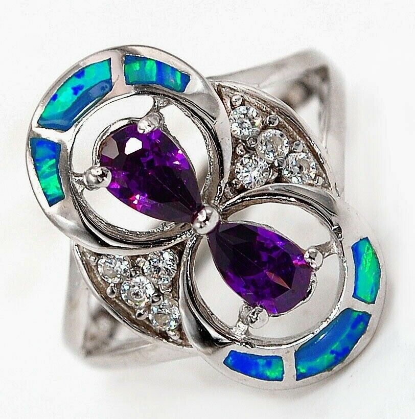1CT Amethyst & Australian Opal Inlay Sterling Silver Ring Size 9 BA1
