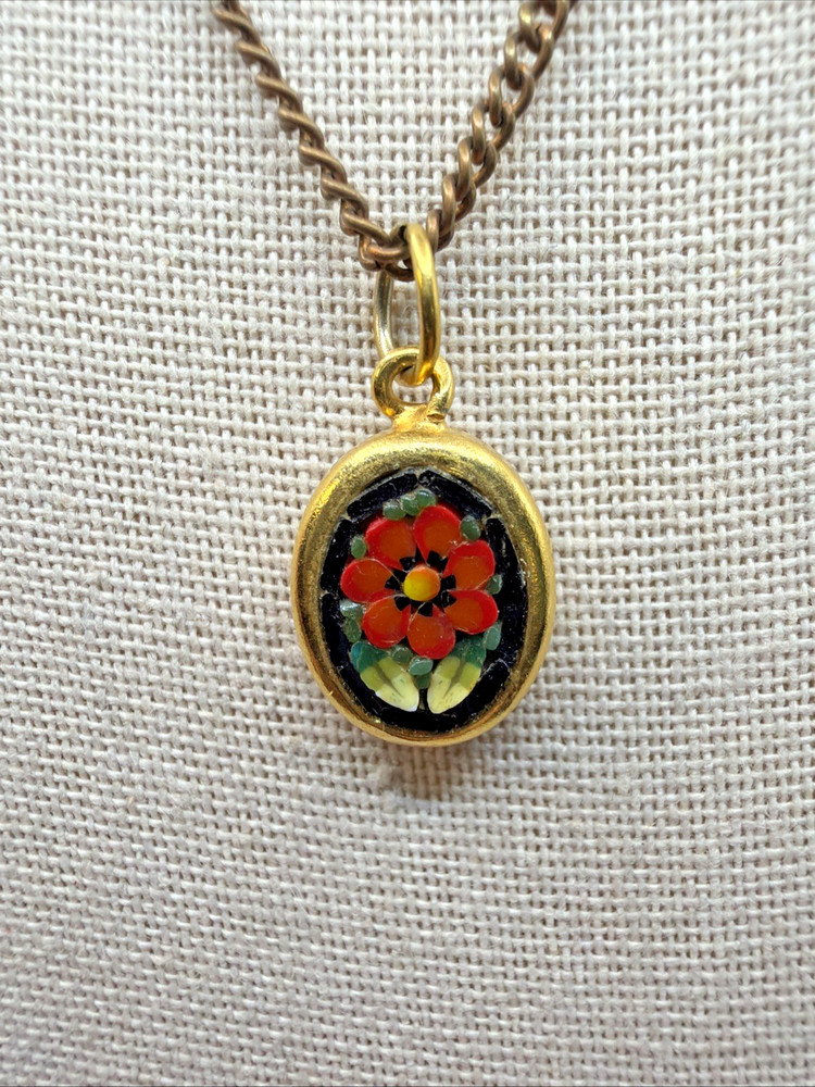 Vintage Italian Micro Mosaic Floral Pendant Necklace Gold Toned