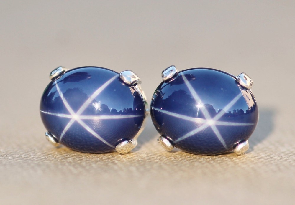 36.75 Ct Certified Blue Star Sapphire Sterling Silver Stud Earrings Pair