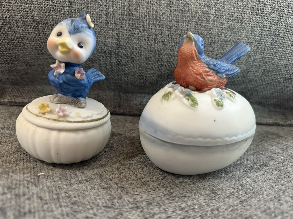 Vintage Blue Bird Ceramic Trinket Box Set of 2 Handmade Collectibles