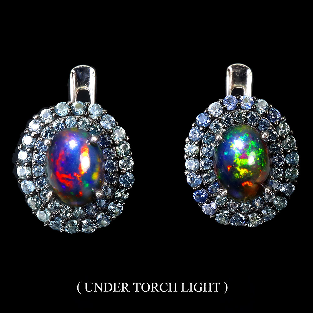 Valentine 925 Silver Earrings with 8x6mm Oval Black Opal and Sapphire Gemstone