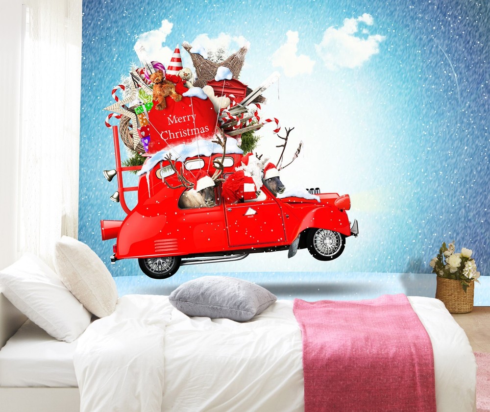 3D Christmas Gift Car ZHUA3889 Removable Self-Adhesive Wall Mural