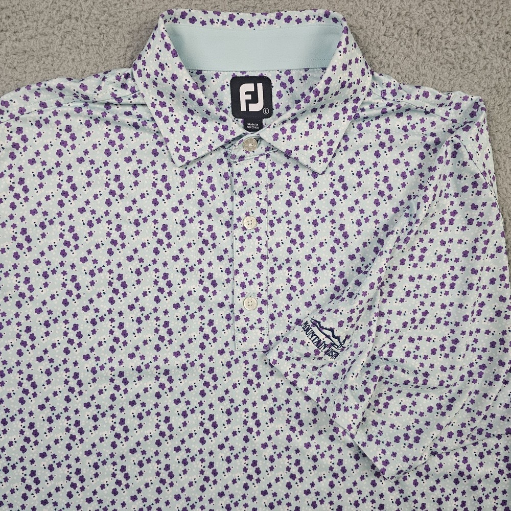 FootJoy Polo Shirt Mens Large Blue Floral Printed Golf Performance Self Collar