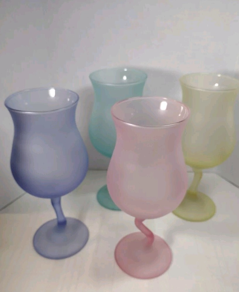Libby Set Of Four Satin Frosted Pastel Zigzag Stems Goblets Great Condition...