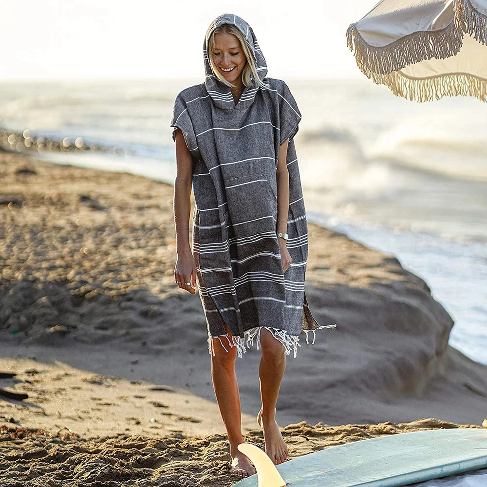 Sandproof Cotton Hooded Beach Towel for Surfing & Wetsuit Changes