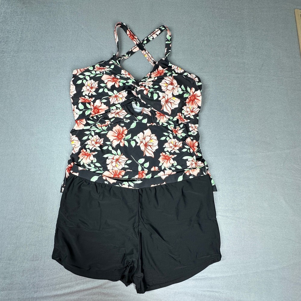 Grace Karin Women's 2XL Black Floral Crisscross Tankini Swimwear with Shorts  