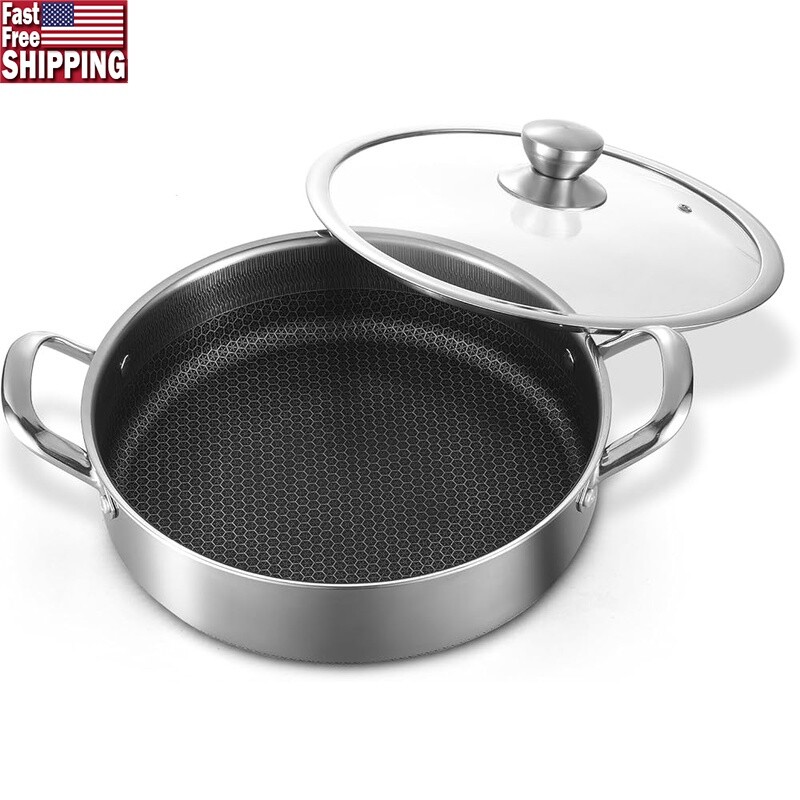 Nonstick Stainless Steel Saute Pan W/ Lid Induction Compatible Dishwasher Safe