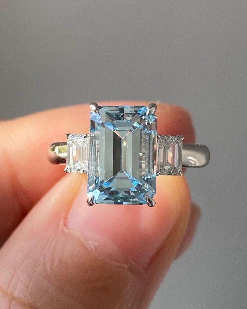 4.07 Ct Emerald Cut Natural Aquamarine Diamond Wedding Ring 14K White Gold