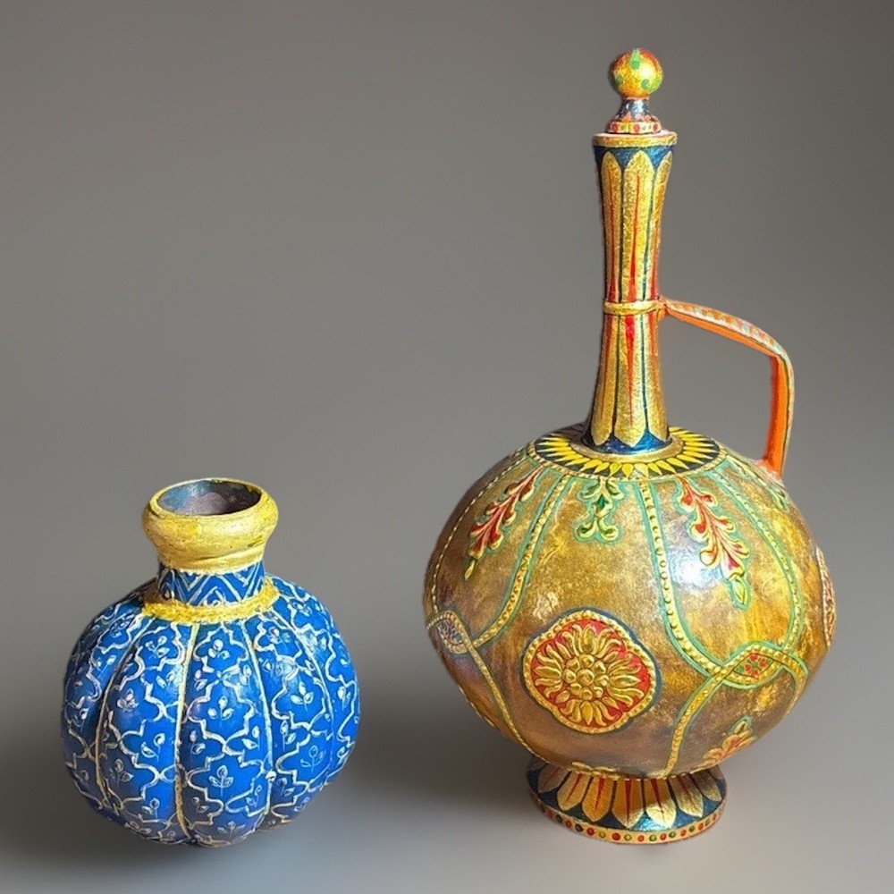 Vintage Decorative Vase Set – Hand Painted Metal & Papier Mâché Ewer Pair