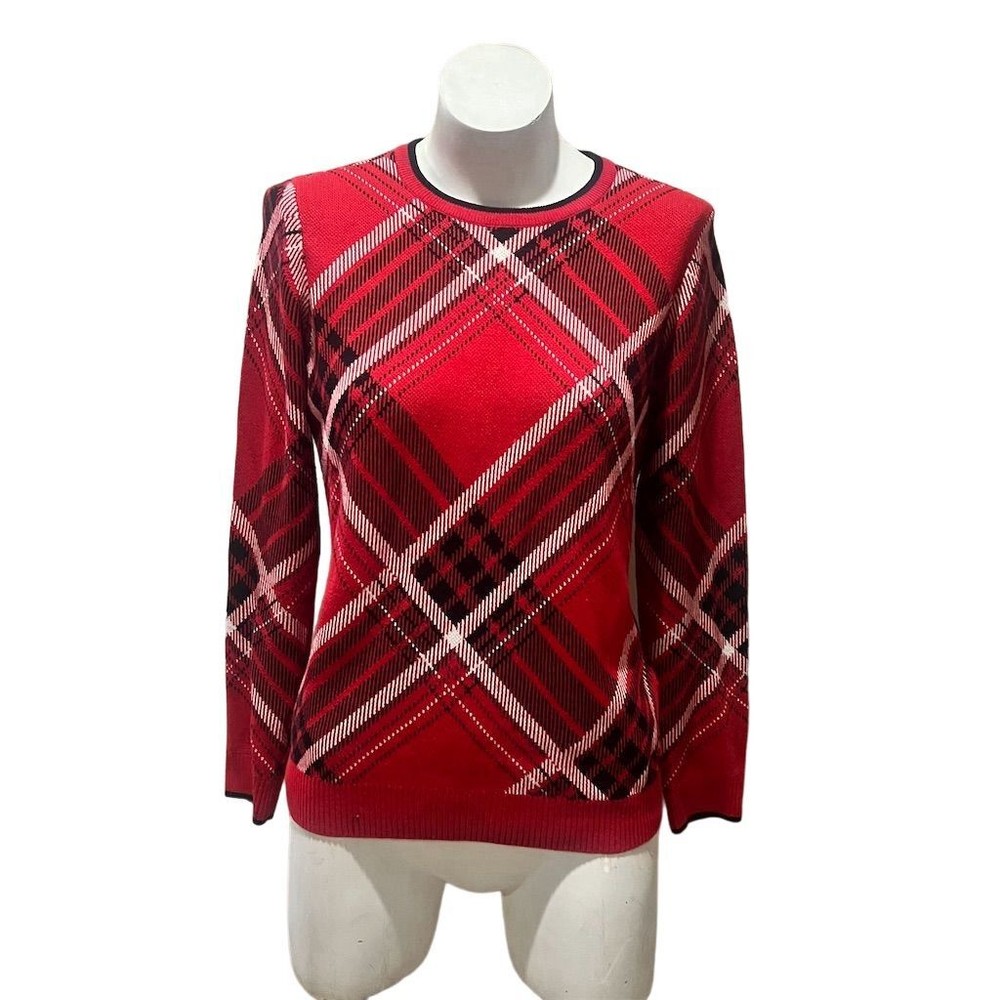 Charter Club Women's Plaid Crewneck Sweater Red Size S Winter Casual