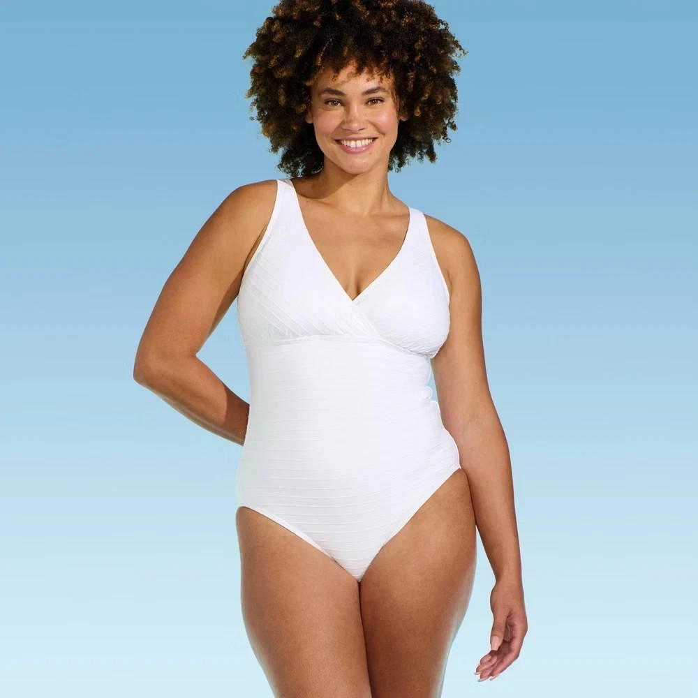 Lands' End Women's Ribbed V Neck Slimming Control Swimsuit - White Large 14-16