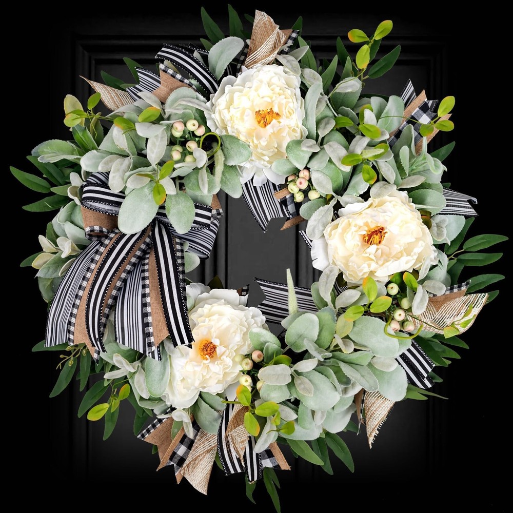 20-Inch Artificial Lambs Ear Wreath for Year-Round Front Door Decor