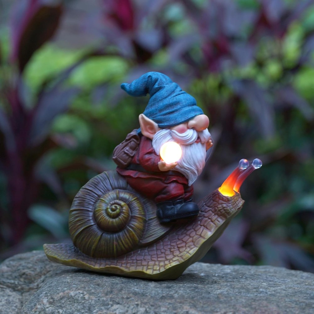 Solar-Powered Gnome Snail Resin Garden Statue with LED Lights