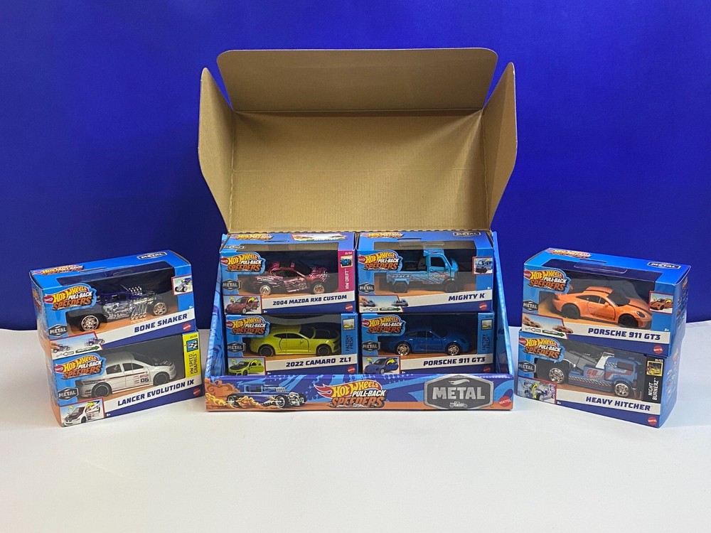 2024 HOT WHEELS 1/43 SCALE CASE OF 8 PULL BACK SPEEDERS W/ STORE DISPLAY BOX