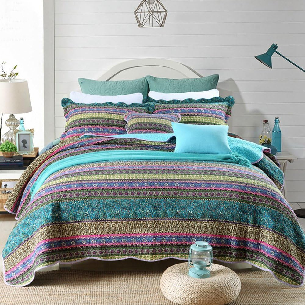 Striped Jacquard Style Cotton Patchwork Bedspread Quilt Sets, Twin Size