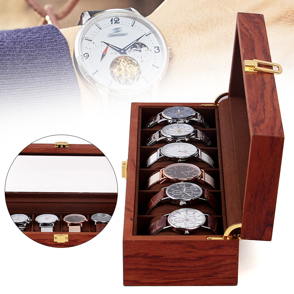6-Slot Wooden Watch & Jewelry Display Case with Glass Top