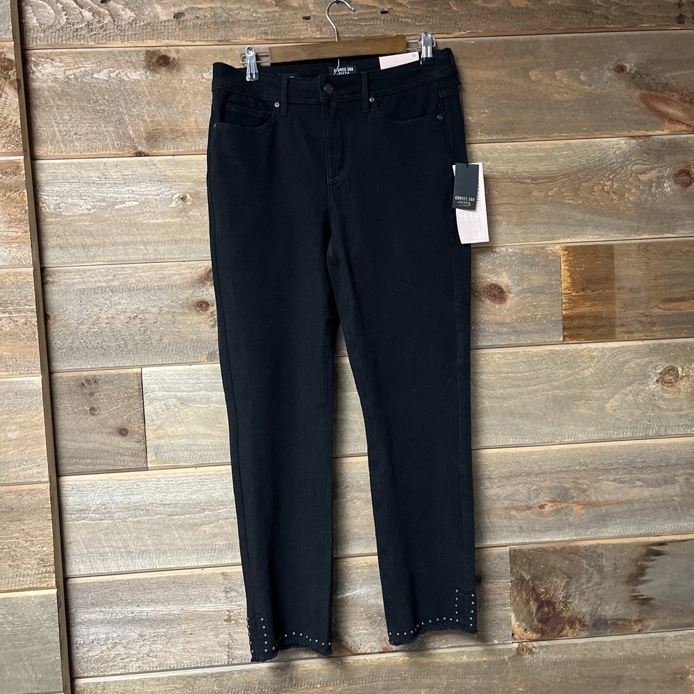 NYDJ Curves 360 Straight Stretch Black Jeans Size 10 Mid Rise NWT Stud Detail