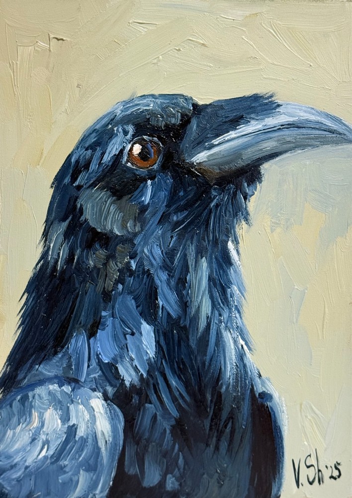 Original Oil Painting Crow Raven Art Black Bird Impressionism Artwork Signed