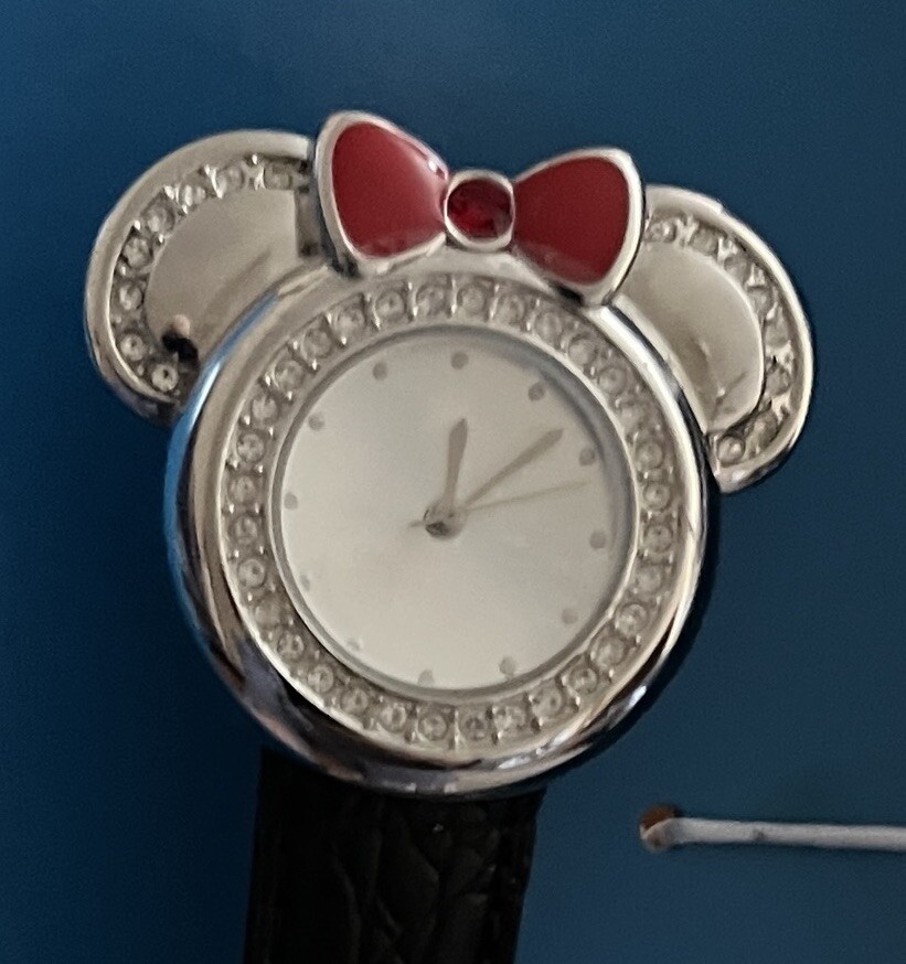Disney Watch MINNIE MOUSE EARS Rhinestones 2 Leather Bands Red Black Y2K Ladies