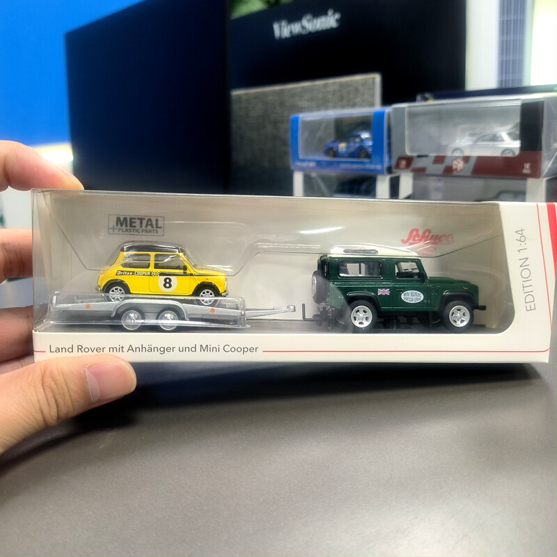 Schuco 1/64 Land Rover Mini Maniac + Trailer + Mini Cooper DieCast metal Box