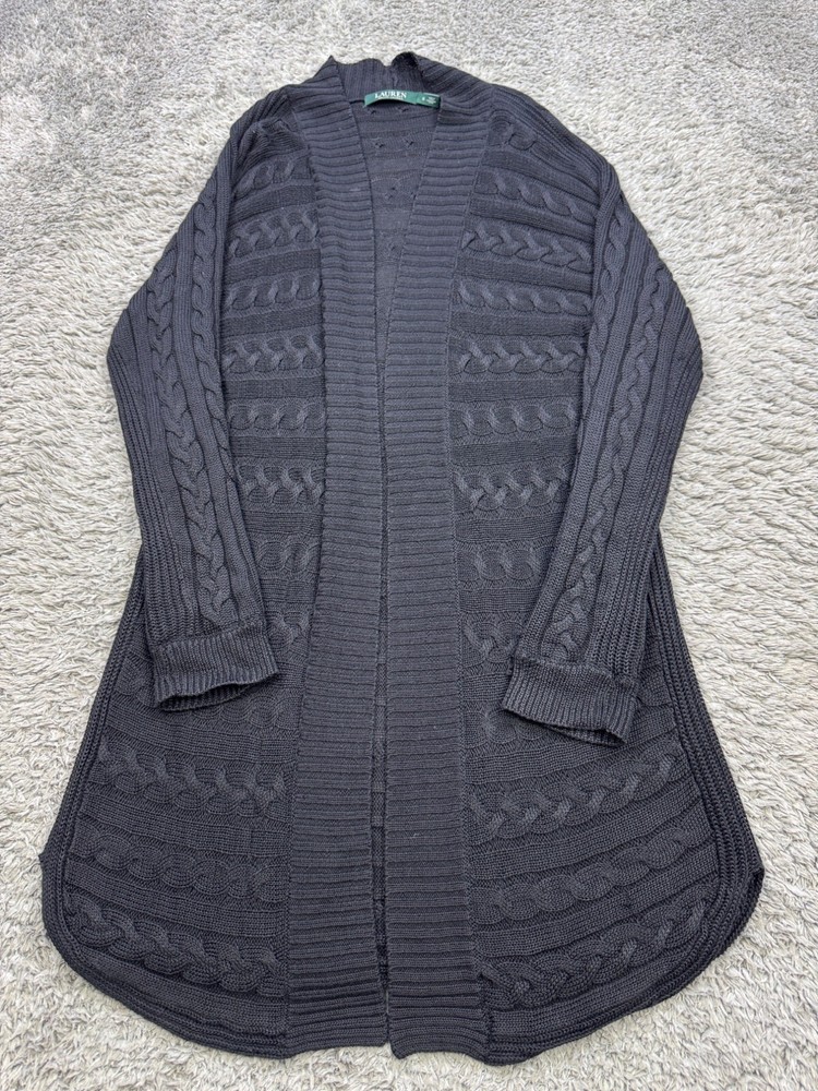 Ralph Lauren Sweater Women Small Black 3D Cable Knit Open Front Duster Cardigan
