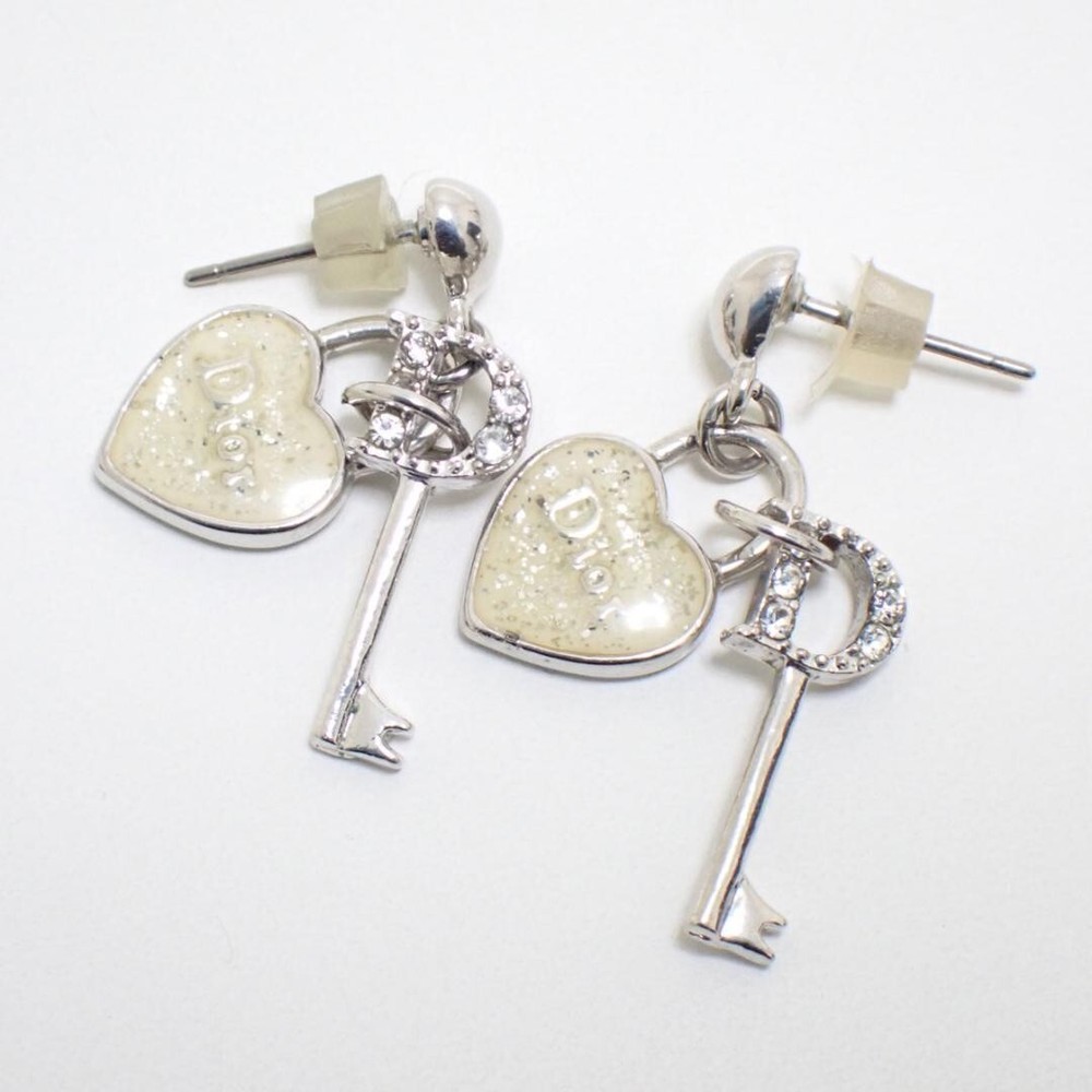 Christian Dior Heart Key Rhinestone Pierced Earrings Silver Tone Gift
