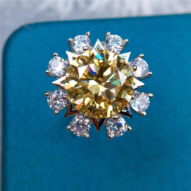 5 Carat Round Cut Moissanite Sunburst VVS Vivid Yellow 14K Gold Ring