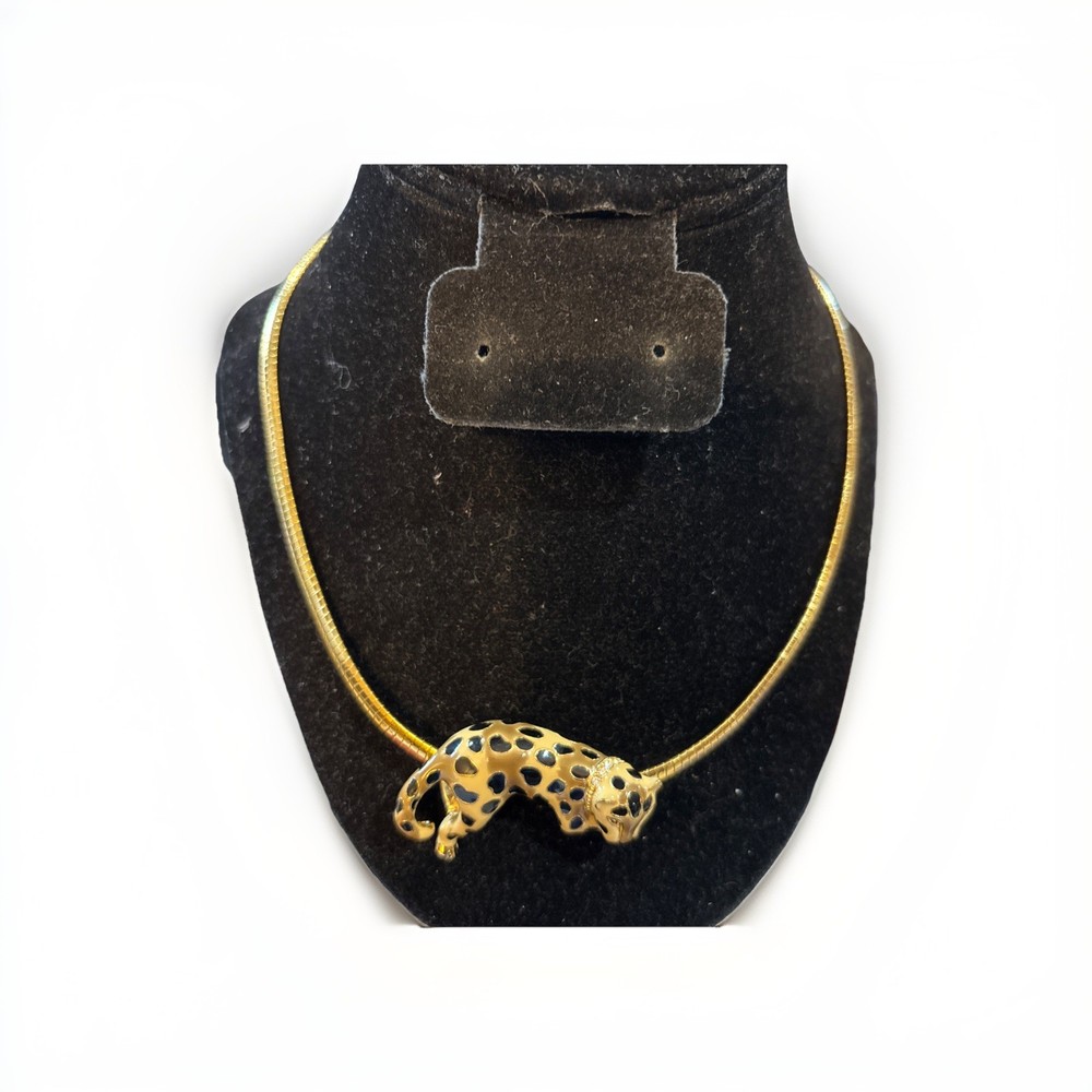 Vintage Signed KJL Leopard Pendant Chain Kenneth J Lane Necklace Laying Jaguar