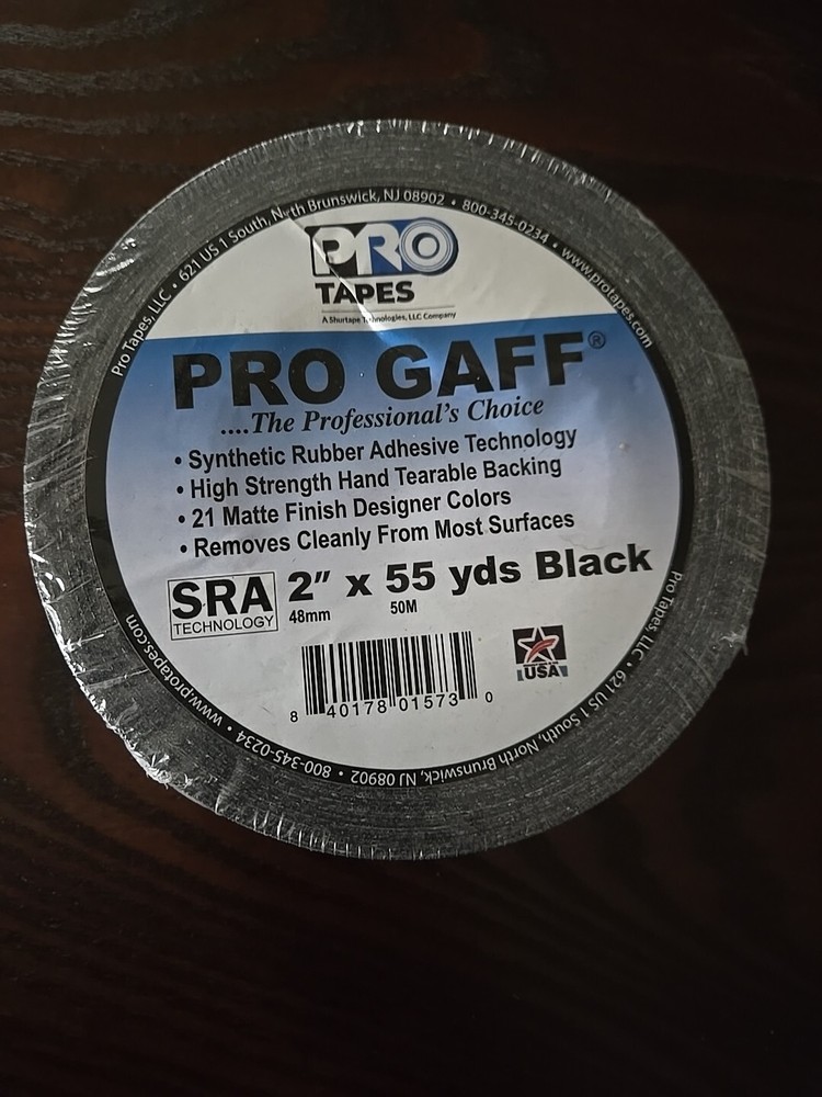 Pro Gaff Tape Black Gaffers Tape 2” x 55yd Elec Cord/Cables SRA Tech. Lot Of 1