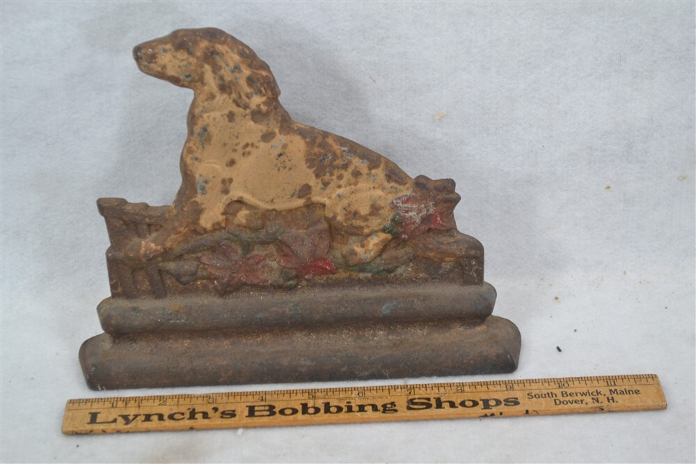 early antique cast iron doorstop flat setter dog w/flowers worn rare original