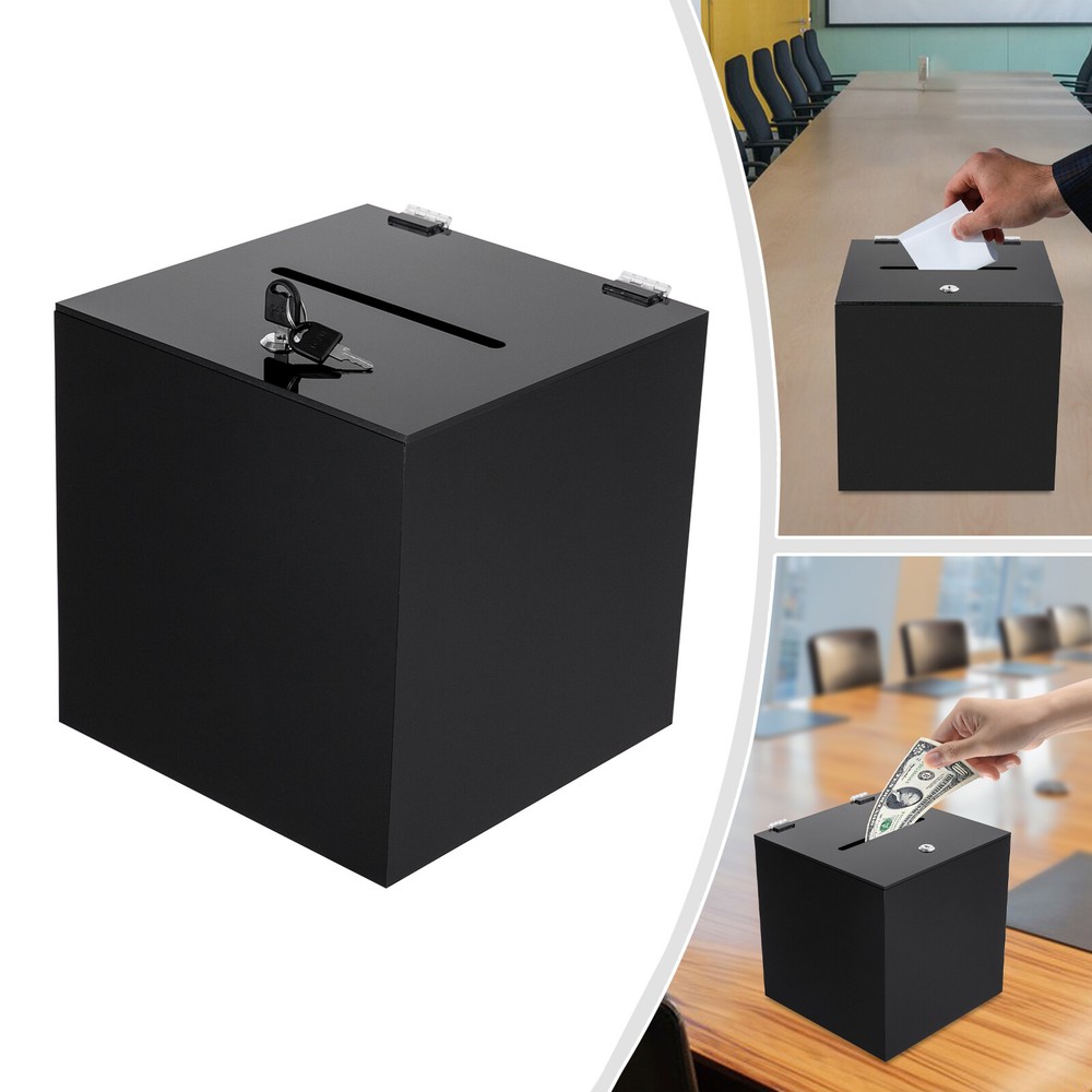 Lockable Black Acrylic Donation or Suggestion Box for Secure Money Storage