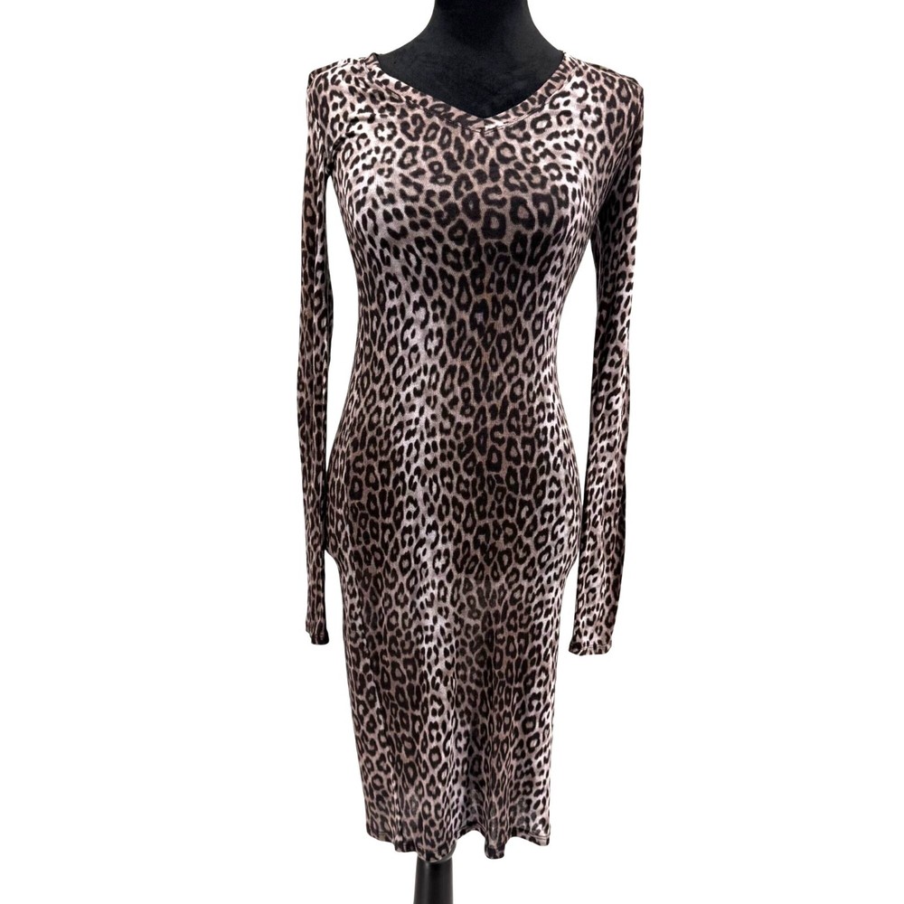 BCBGMAXAZRIA Leopard Long Sleeve Midi Dress V Neck Womens S Jersey Thin Fitted