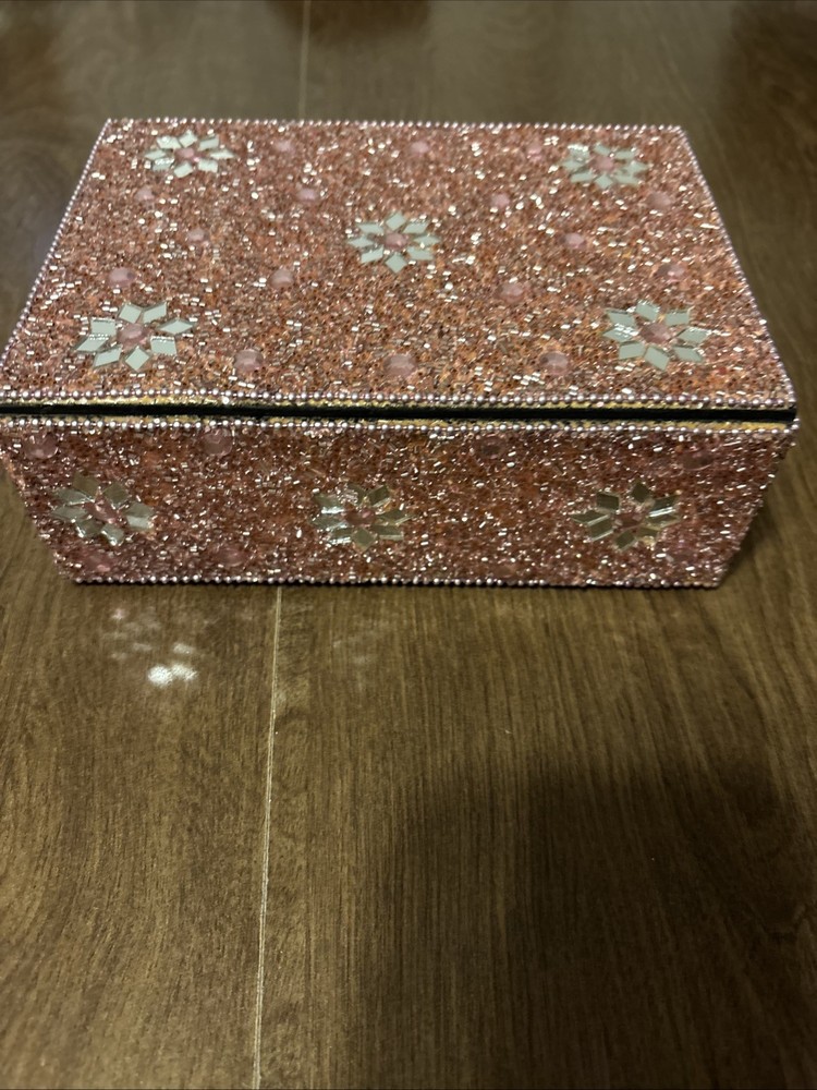 Handcrafted Wooden Trinket Box with Beaded and Mirror Embellishments