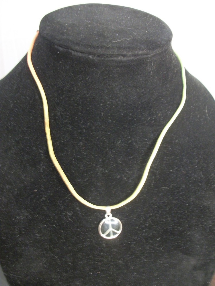 Necklace, Leather Cord, Peace Sign Pendant 16 Inch