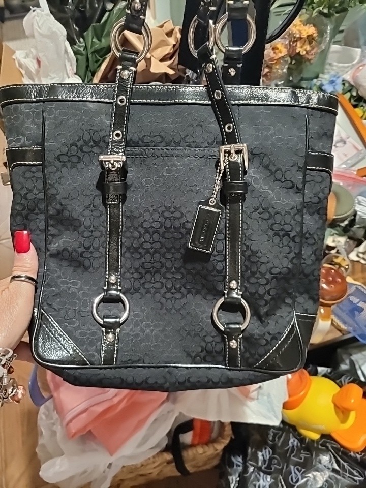 Coach F12344 Black Canvas With Pattent Leather Trim Tote