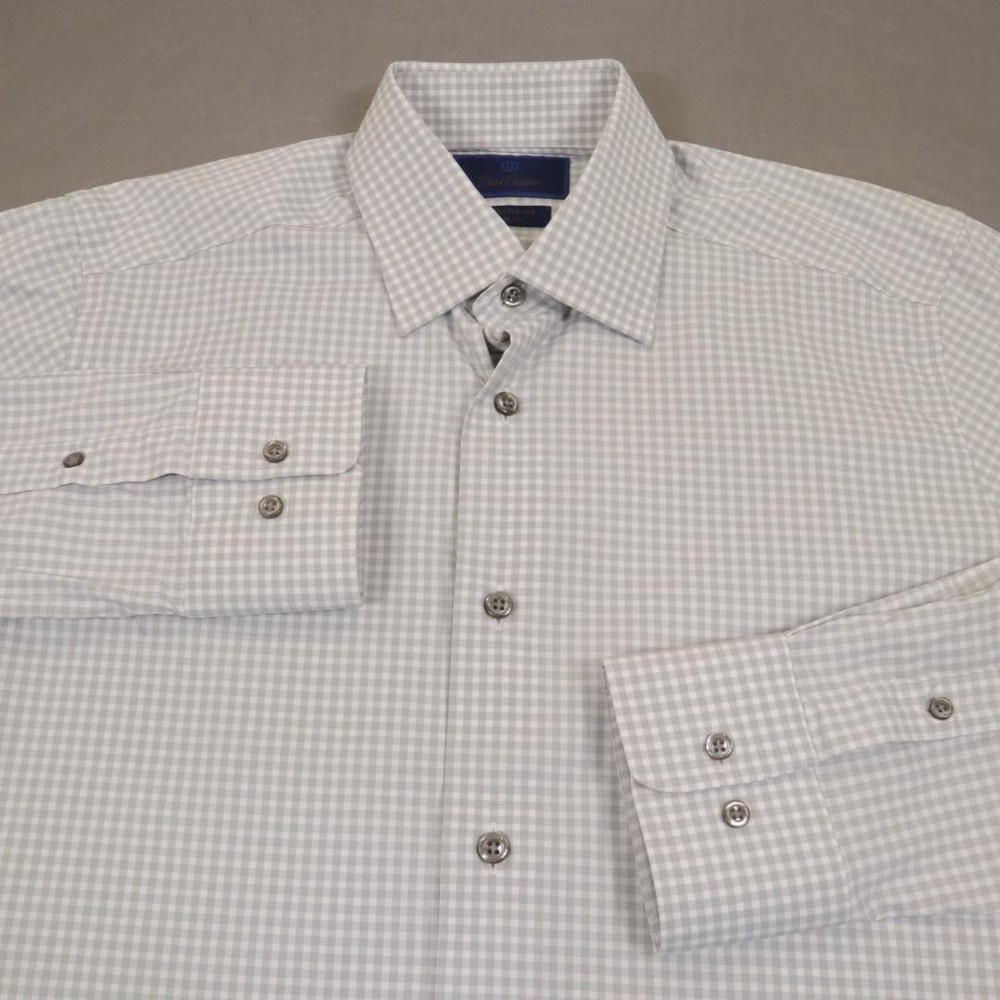 David Donahue Performance Dress Shirt Mens 15.5 34/35 Gray Gingham Trim Fit