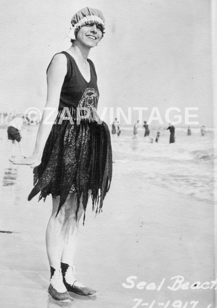 Vintage 1917 Girl at Seal Beach CA in Seaweed Skirt Photo 1840