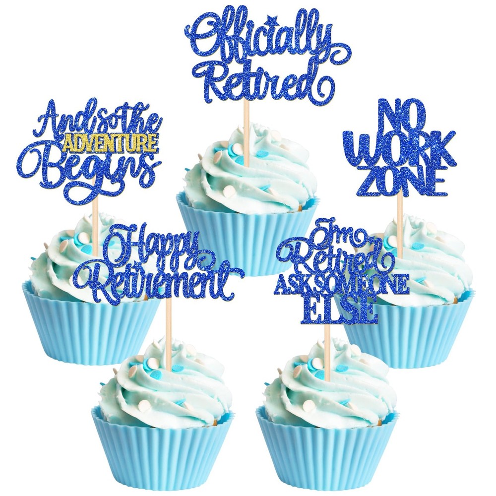 30 PCS Happy Retirement Cupcake Toppers Officially Retired Cake Blue