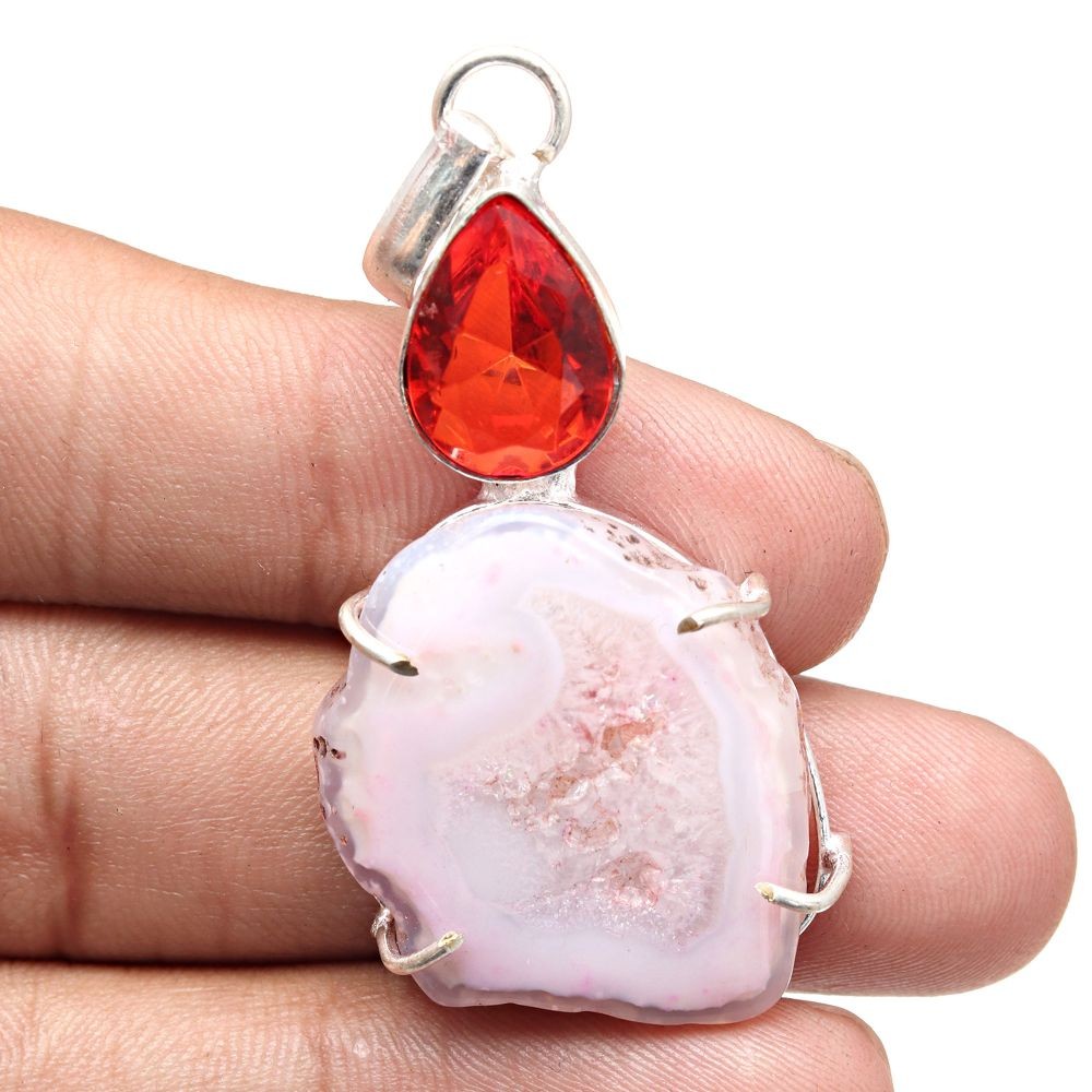 Pink Slice Drusy Gemstone Silver Pendant Handmade Jewelry 2.25 Inch