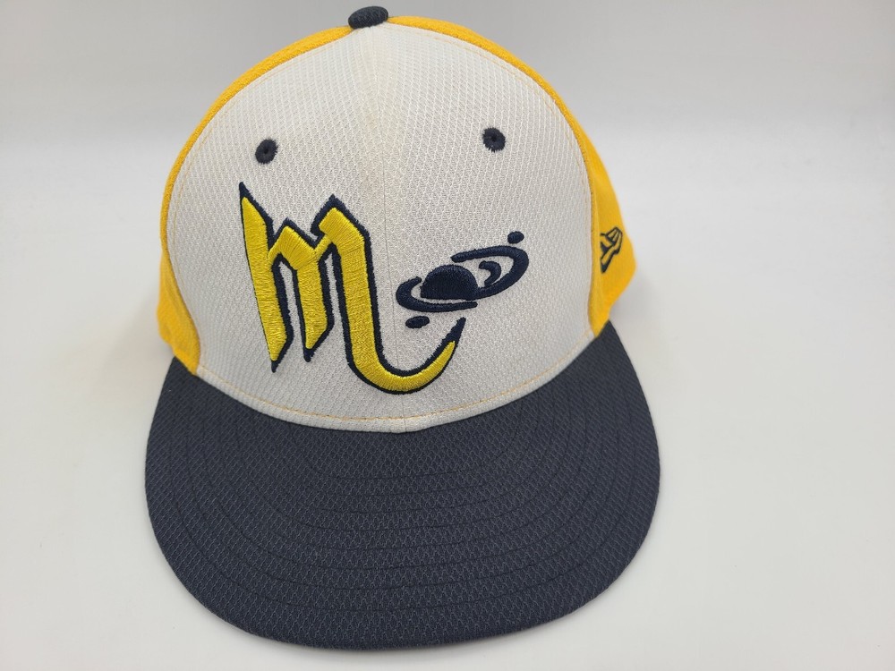 M Saturn Planet Logo New Era 59Fifty Fitted 7 Hat Cap Baseball White Yellow Blue