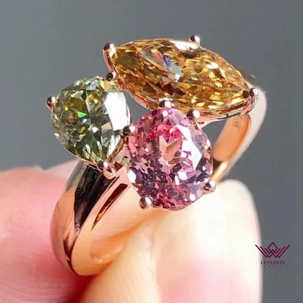 I-J Pear Cut Moissanite Orange Marquise Cut Pink Oval Cut 18K Rose Gold Ring