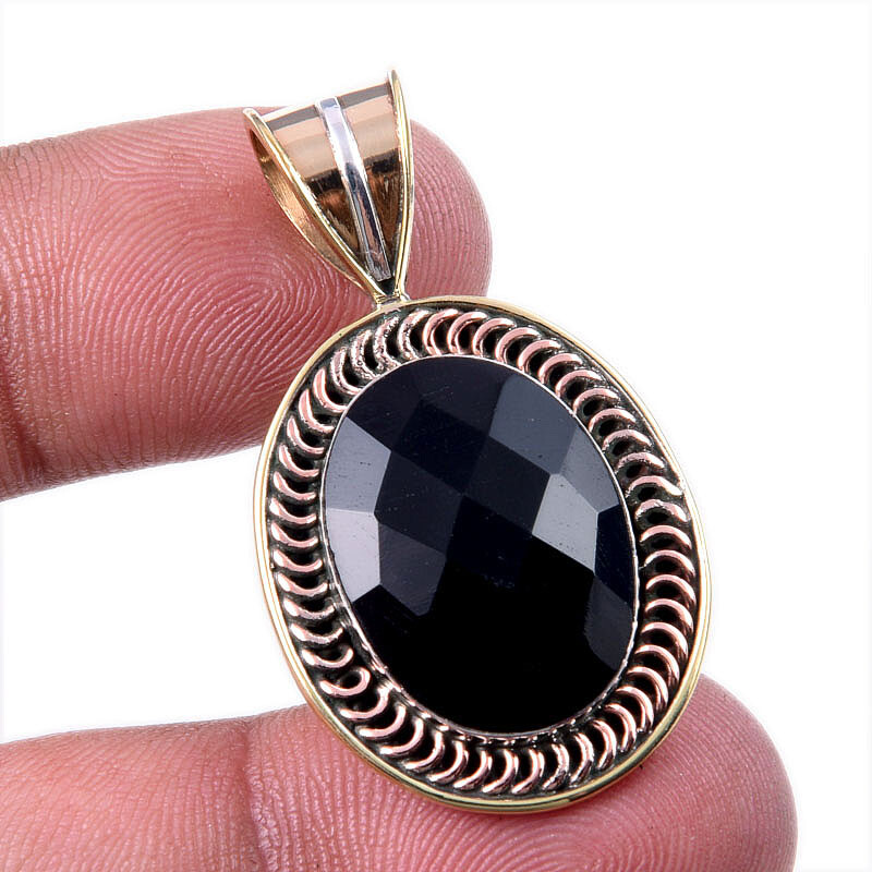 Natural Black Onyx Gemstone Pendant in 925 Sterling Silver TwoTone 1.5 Inch