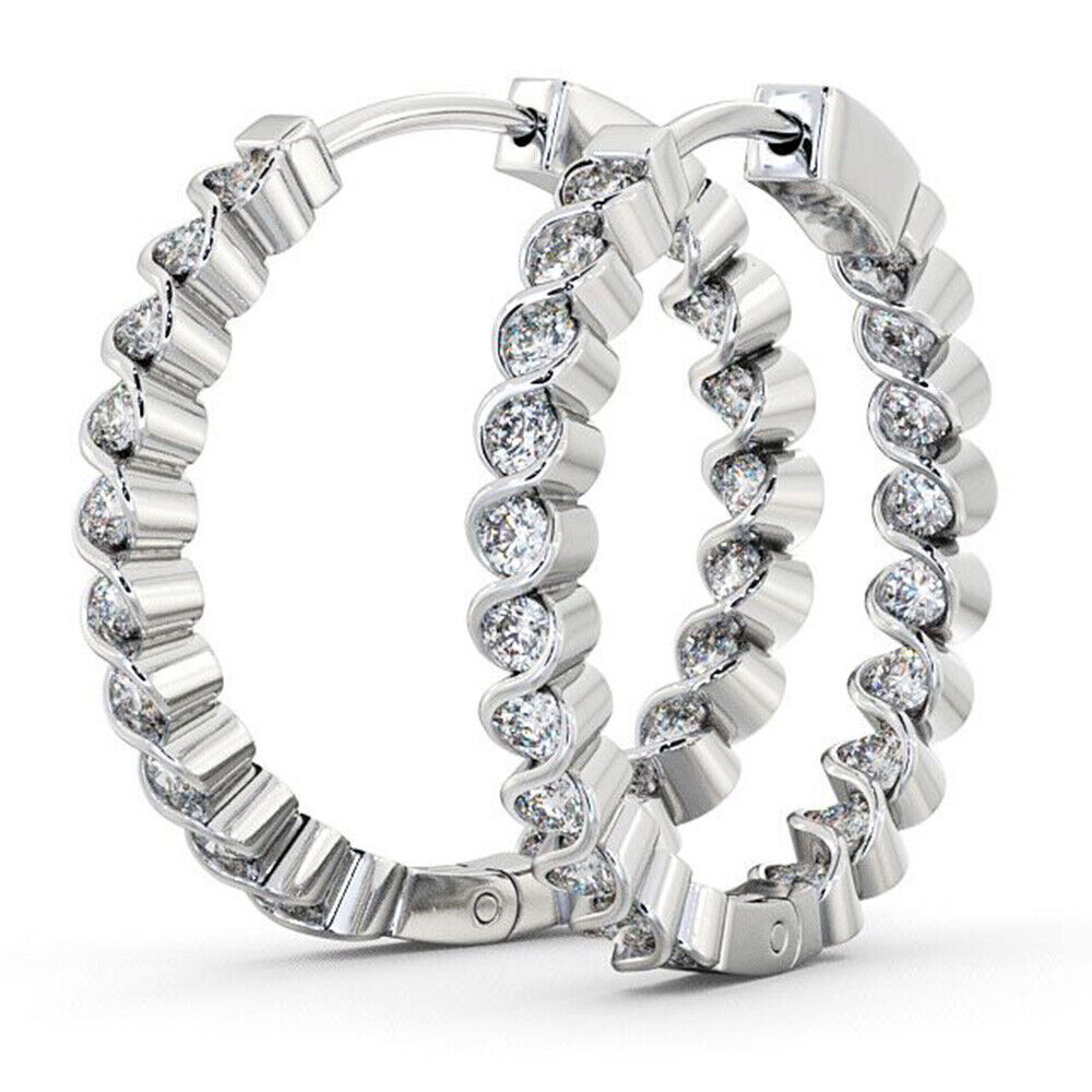 Diamond Womens Earring Round Cut 3.25 Carat Natural Solid 18K White Gold Hoops
