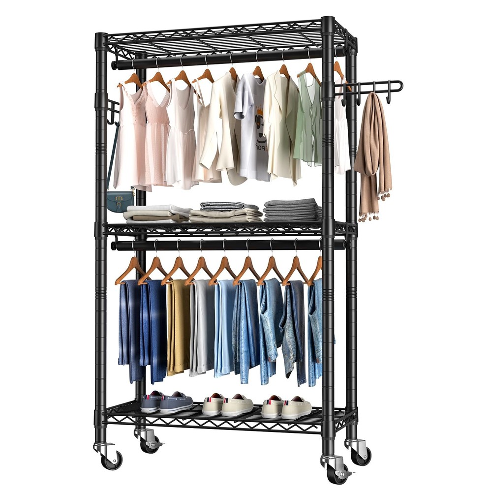 Heavy Duty 3-Tier Rolling Garment Rack with Adjustable Wire Shelves
